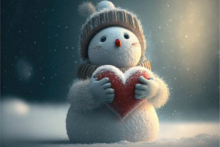 Snowman holding a heart. Valentines day snowman. Winter valentines day background. I love you card. Generative AIの写真素材