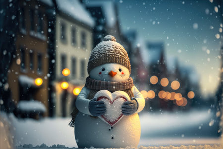 Snowman holding a heart. Valentines day snowman. Winter valentines day background. I love you card. Generative AIの写真素材