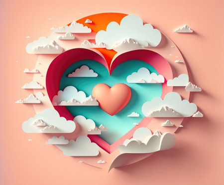 Valentine's day or marriage illustration with heart balloons and clouds, 3D paper cut style, Generative AIの写真素材