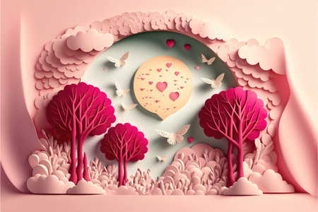 Valentine's day or marriage illustration with heart balloons and clouds, 3D paper cut style, Generative AIの写真素材