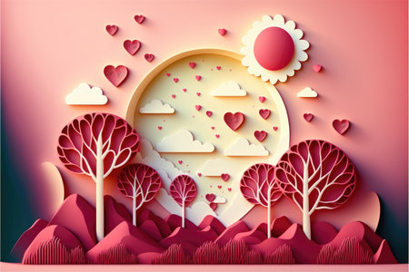 Valentine's day or marriage illustration with heart balloons and clouds, 3D paper cut style, Generative AIの写真素材