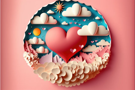 Valentine's day or marriage illustration with heart balloons and clouds, 3D paper cut style, Generative AIの写真素材