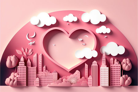 Valentine's day or marriage illustration with heart balloons and clouds, 3D paper cut style, Generative AIの写真素材