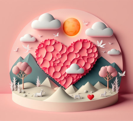 Valentine's day or marriage illustration with heart balloons and clouds, 3D paper cut style, Generative AIの写真素材