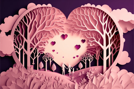 Valentine's day or marriage illustration with heart balloons and clouds, 3D paper cut style, Generative AIの写真素材