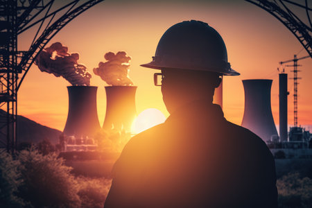 Engineer with industry electrical power plant background with sunset, Generative AIの写真素材