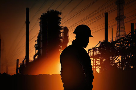 Engineer with industry electrical power plant background with sunset, Generative AIの写真素材