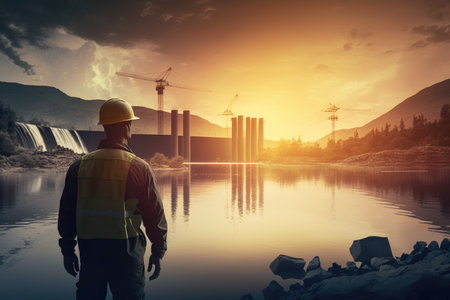 Engineer inspecting with Hydroelectricity dam background, Generative AI