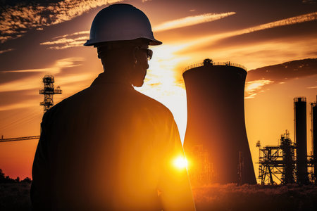Engineer with industry electrical power plant background with sunset, Generative AIの写真素材