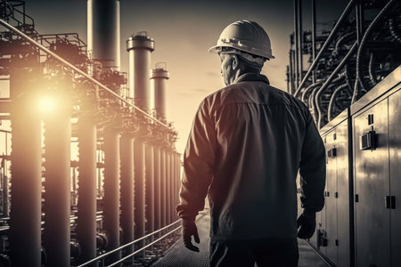 Engineer with industry electrical power plant background with sunset, Generative AIの写真素材