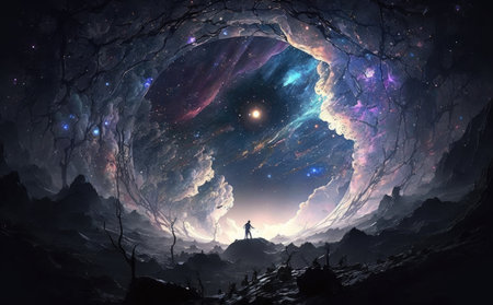 Space nebulae supernova exploding stars and far off galaxies of a Universe made of brilliant bright colors and intergalactic celestia cosmic wonder and magic, Generative AIの写真素材