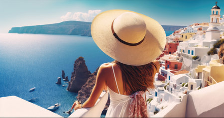 Luxury travel vacation woman in Santorini banner. Europe cruise ship destination holiday tourist looking at sea view with sun hat in Oia, Greece, Generative AIの写真素材