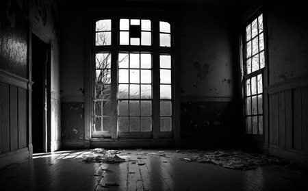 ghostly figure with scary face in abandoned house, dark hall interior with rubble on the floor and rays of moonlight, spooky horror story atmosphere, Generative AIの写真素材