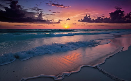 Closeup sea sand beach. Panoramic beach landscape. Inspire tropical beach seascape horizon. Majestic sunset sky reflection calm tranquil relaxing sunlight summer mood. Mediterranean seaside vacation.の写真素材