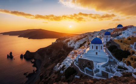 Santorini, Greece. Picturesque view of Oia village on Santorini island at sunset.の写真素材