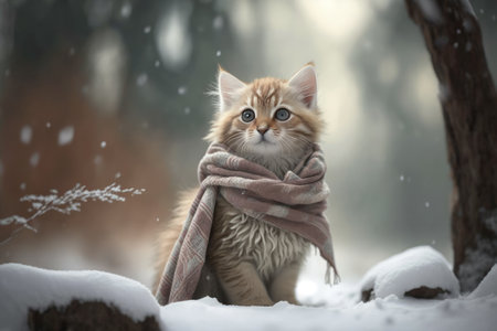 Cat sitting in deep snow in winter st snowstorm. Cat wearing knitted scarf, Generative AIの写真素材