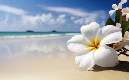 White tropical flower, frangipani over beautiful beach, Generative AIの写真素材