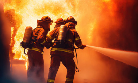 Firefighters using Twirl water fog type fire extinguisher to fighting with the fire flame from oil to control fire not to spreading out. Firefighter and industrial safety concept, Generative AIの写真素材