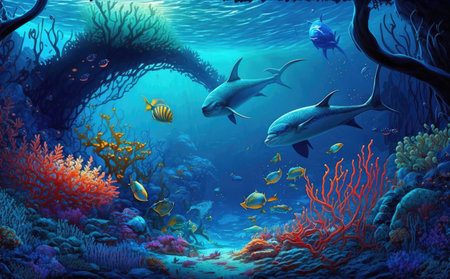 Beauty of the underwater ocean with aquatic animals and coral , Generative AIの写真素材