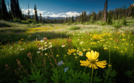 Beautiful meadow field with fresh grass and yellow dandelion flowers in nature against a blurry blue sky with clouds. Summer spring perfect natural landscape.の写真素材