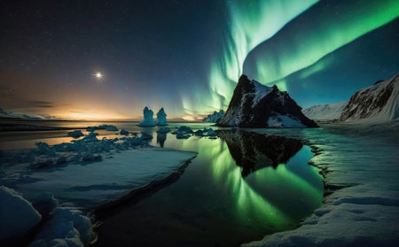 The Northern Light Aurora borealis at Kirkjufell mountain Iceland.の写真素材