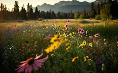 Beautiful meadow field with fresh grass and yellow dandelion flowers in nature against a blurry blue sky with clouds. Summer spring perfect natural landscape.の写真素材