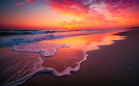 Sea sand beach. Panoramic beach landscape. Inspire tropical beach seascape horizon. Majestic sunset sky reflection calm tranquil relaxing sunlight summer mood. Mediterranean seaside vacationの写真素材