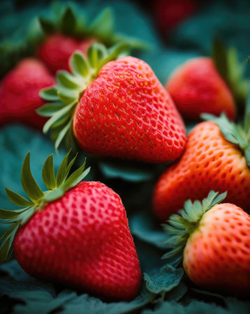 Fresh ripe organic Strawberry field on fruit farm. Fresh ripe organic, Generative AIの写真素材