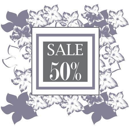 emblem of violet flowers with text fifty percent discountのイラスト素材