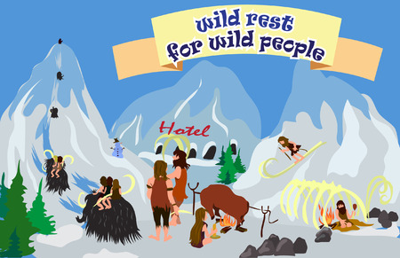 poster with primitive people, skiing and mammoths, the descent from the mountainのイラスト素材