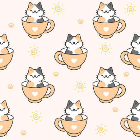 Cute cat in a cup of coffee Seamless Pattern Backgroundのイラスト素材