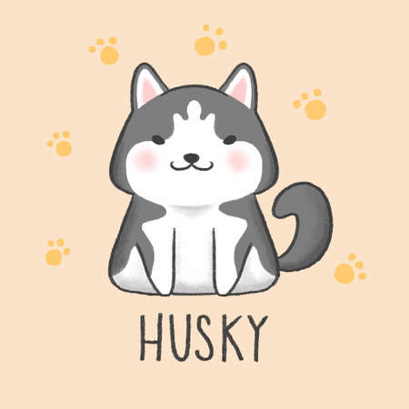 Siberian Husky Dog cartoon hand drawn styleのイラスト素材