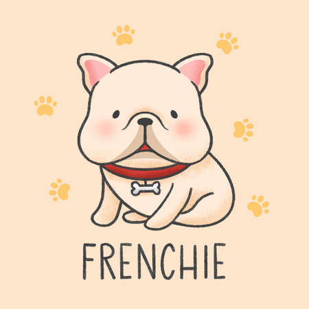 Cute Frenchie cartoon hand drawn styleのイラスト素材