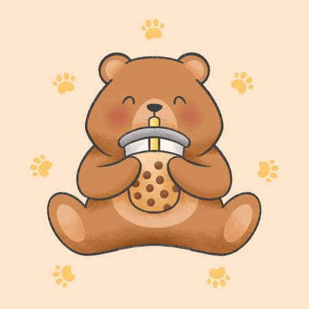 Cute bear eat bubble milk tea hand drawn cartoon animal character. Hand drawing vector. Cartoon character design.のイラスト素材