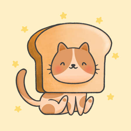 Cute cat with bread hat hand drawn cartoon animal character. Hand drawing vector. Cartoon character design.のイラスト素材