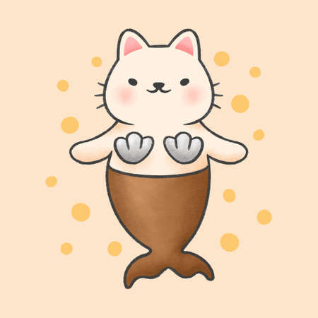 Cute cat mermaid hand drawn cartoon animal character. Hand drawing vector. Cartoon character design.のイラスト素材