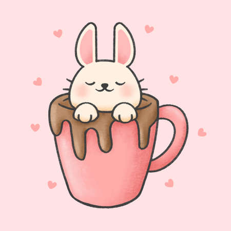 Rabbit in a cup of chocolate hand drawn cartoon animal character. Hand drawing vector. Cartoon character design.のイラスト素材