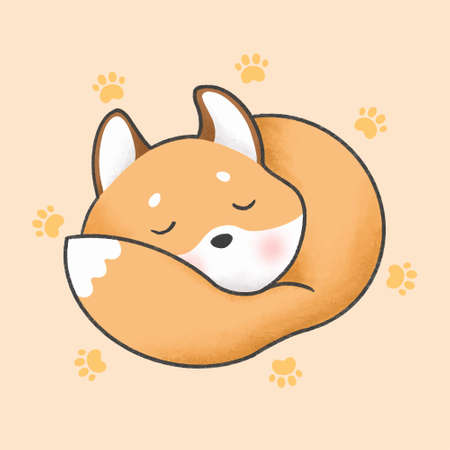 Sleepy fox hand drawn cartoon animal character. Hand drawing vector. Cartoon character design.のイラスト素材