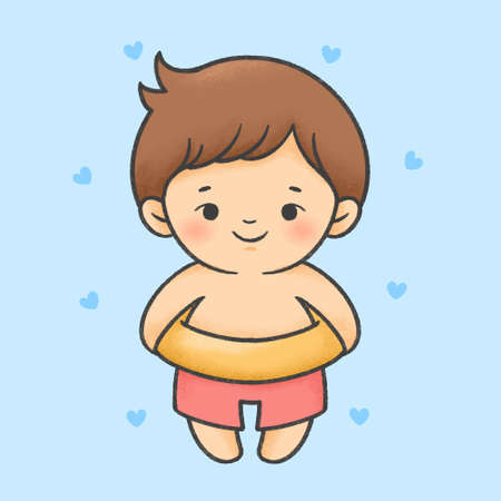 Cute boy in swim wear with life ring hand drawn cartoon character. Hand drawing vector. Cartoon character design.のイラスト素材
