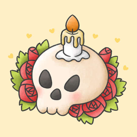 Candle on skull with red rose flowers hand drawn cartoon character. Hand drawing vector. Cartoon character design.のイラスト素材