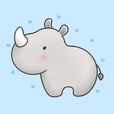 Cute baby rhino hand drawn cartoon animal character. Hand drawing vector. Cartoon character designのイラスト素材