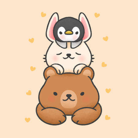 Cute bear and sleeping rabbit on top of penguin hand drawn cartoon animal character. Hand drawing vector. Cartoon character designのイラスト素材
