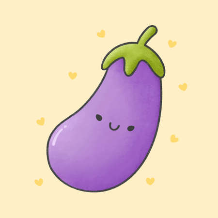 Cute eggplant hand drawn cartoon character. Hand drawing vector. Cartoon character design.のイラスト素材