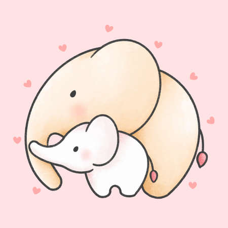 Cute mother and baby elephant hand drawn cartoon animal character. Hand drawing vector. Cartoon character designのイラスト素材