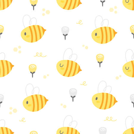 Cute bee and rose flowers seamless background repeating pattern, wallpaper background, cute seamless pattern backgroundのイラスト素材