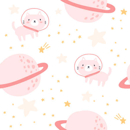Hand drawn cat and space seamless background repeating pattern, wallpaper background, cute seamless pattern backgroundのイラスト素材