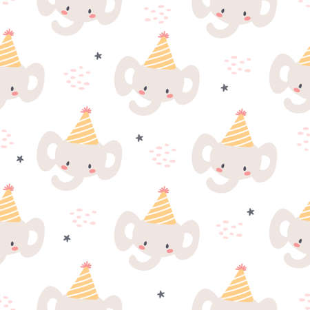 Elephant and paper hat party seamless background repeating pattern, wallpaper background, cute seamless pattern backgroundのイラスト素材