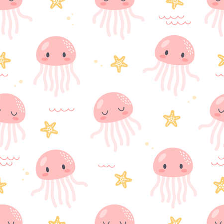 Jellyfish and starfish seamless background repeating pattern, wallpaper background, cute seamless pattern backgroundのイラスト素材