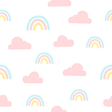 Rainbow and clouds seamless background repeating pattern, wallpaper background, cute seamless pattern backgroundのイラスト素材