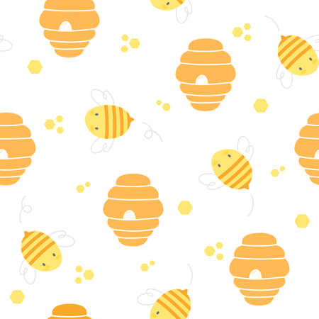 Bee and bee hive seamless background repeating pattern, wallpaper background, cute seamless pattern backgroundのイラスト素材